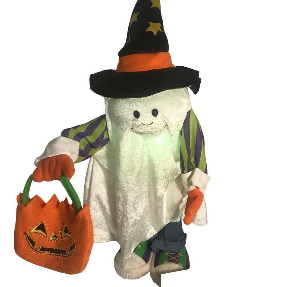 Light-Up Halloween Ghost Witch Hat With Pumpkin Bag 22" tall